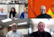 Ontario chief medical officer of health Dr. Kieran Moore (bottom left) attended the February 15, 2024 virtual meeting of the board of health for the Haliburton Kawartha Pine Ridge (HKPR) District Health Unit, along with two of his staff: public health division executive lead Elizabeth Walker (top right) and accountability and liaison branch director Brent Feeney (bottom right) to answer questions from board members about a possible merger with Peterborough Health Unit. (kawarthaNOW screenshot of YouTube video)