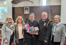 Patricia Bromfield (third from left) is welcomed as the incoming chief of Peterborough County-City Paramedics on February 7, 2024 by (from left to right) Peterborough County warden Bonnie Clark, CAO Sheridan Graham, retiring chief Randy Mellow, and deputy warden Sherry Senis. (Photo: Peterborough County)