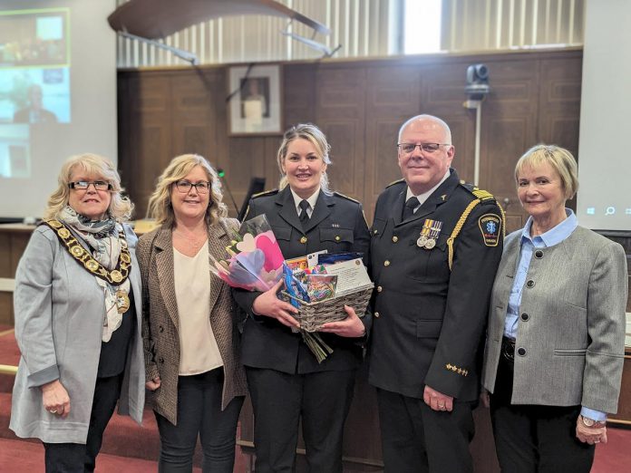 Patricia Bromfield (third from left) is welcomed as the incoming chief of Peterborough County-City Paramedics on February 7, 2024 by (from left to right) Peterborough County warden Bonnie Clark, CAO Sheridan Graham, retiring chief Randy Mellow, and deputy warden Sherry Senis. (Photo: Peterborough County)