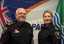 Patricia Bromfield (right) is the new chief of Peterborough County-City Paramedics, taking over from Randy Mellow (left) who will be retiring at the end of 2024. Mellow will provide mentorship and guidance to Bromfield throughout the year as she takes on her new role and responsibilities. (Photo courtesy of Peterborough County)