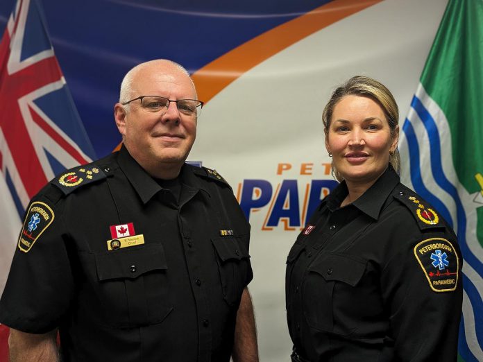Patricia Bromfield (right) is the new chief of Peterborough County-City Paramedics, taking over from Randy Mellow (left) who will be retiring at the end of 2024. Mellow will provide mentorship and guidance to Bromfield throughout the year as she takes on her new role and responsibilities. (Photo courtesy of Peterborough County)
