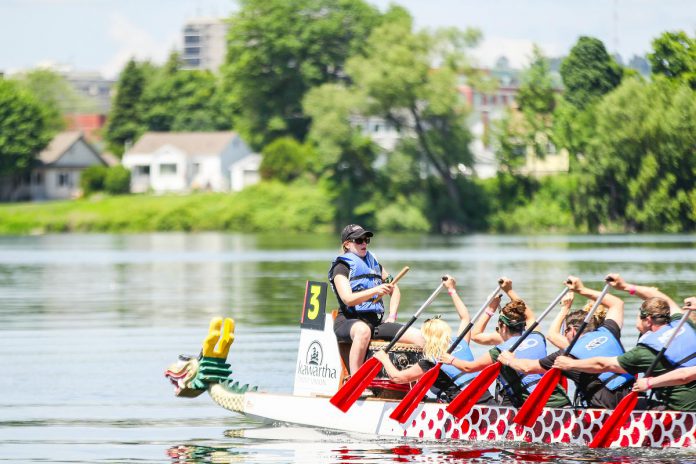 A dragon boat team races at Peterborough's Dragon Boat Festival in 2015. Since 2001, the annual festival has raised more than $4.2 million for breast cancer care at Peterborough Regional Health Centre. (Photo: Linda McIlwain / kawarthaNOW)