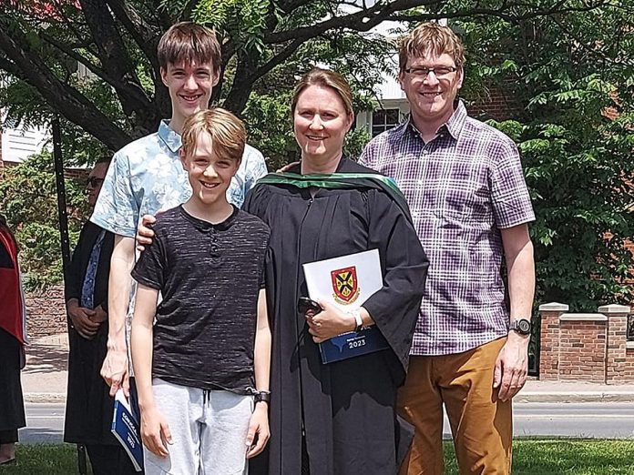 Pictured with her husband Patrick Bolduc and their two sons, Christie Goodwin completed a master's degree in arts management and leadership from Queen's University in 2023. (Photo courtesy of Christie Goodwin)