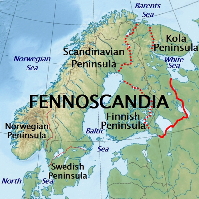 Fennoscandia is the peninsula in northern Europe that encompasses the mainlands of Finland, Norway, Sweden, and part of Russia. The Sámi call their traditional territory in the  northern part of the peninsula Sápmi. (Map: Wikipedia)