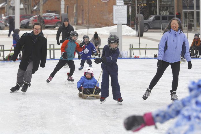 Skaters enjoying the outdoor rink at Quaker Foods City Square in downtown Peterborough. The rink will be open on Family Day, weather permitting, from 10 a.m. to 10 p.m. The Peterborough Youth Council will also be hosting a free family drop-in event at Quaker Foods City Square from 11 a.m. to 2 p.m. on February 17, 2024 as part of Peterborough Snofest. (Photo: City of Peterborough)