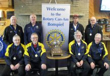 The Rotary Club of Peterborough's curling team (front row, left to right: Ken Seim, Nick Avlonitis, Joe Kapron, and Bill Crins) with their trophy from the Rotary Can-Am Curling Championships held in Rice Lake, Wisconsin from February 1 to 3, 2023. Also pictured in the back row is the runner-up team representing Madison, Wisconsin (Paul Matzke, Rich Lepping, Jim Sirianni, Mike Pfiffner). The Peterborough team has secured a berth in the 28th Rotary World Curling Championships taking place in Scotland in 2026. (Photo: International Curling Fellowship of Rotarians)