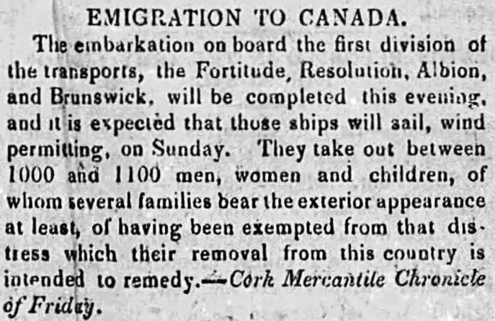 An excerpt from The Waterford Mirror in Ireland from May 9, 1825 referring to four of the ships that transported Irish emigrants to Upper Canada as part of an experimental assisted emigration scheme run by Canadian politician Peter Robinson. It's estimated there could be hundreds of thousands of Canadians today who are descended from the original Peter Robinson settlers. (Photo: Newspapers.com)