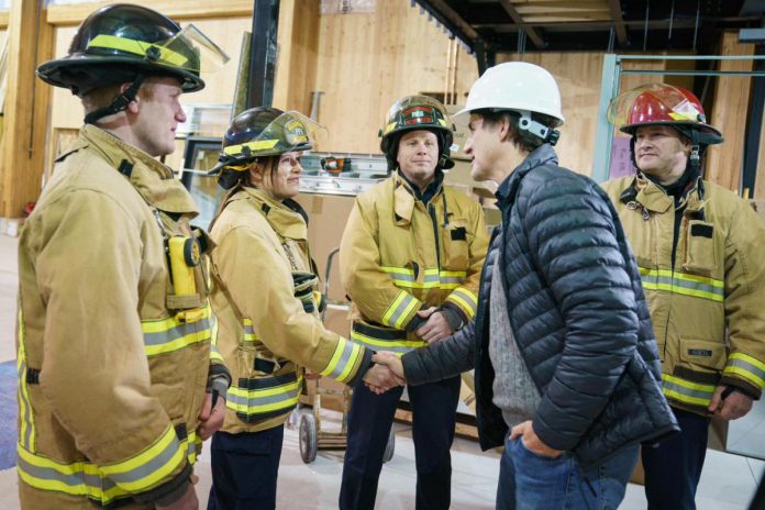 Prime Minister Justin Trudeau meets Peterborough firefighters during a visit on February 8, 2024 to the city's new $10-million net zero carbon fire station under construction at 100 Marina Boulevard. (Photo: Prime Minister's Office)