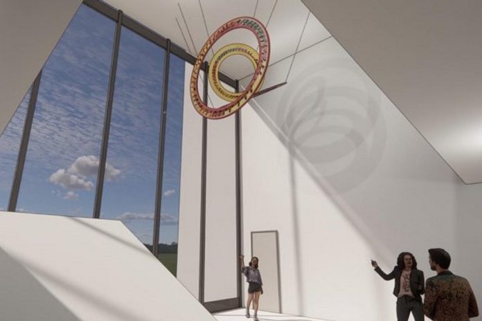 A rendering of Indigenous artist Vanessa Dion Fletcher's artwork, with the working title "Analogous Harmony." It will be installed in the two-storey atrium at the main entrance of the complex and will be unveiled when the complex opens in fall 2024. (Rendering courtesy of the City of Peterborough)