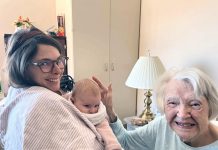 Peterborough's Fairhaven Long-Term Care Home was the setting for a heartfelt meeting between generations when 101-year-old Winnifred Hunter met her 12-week-old namesake Winnie June Rasenberg for the first time. Winnie's mom Megan Doughty named her firstborn child in honour of the centenarian's independence and positive outlook and travelled from New Brunswick for to introduce her daughter to the elder Winnie. (Photo courtesy of Megan Doughty)