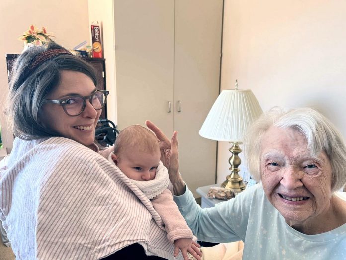 Peterborough's Fairhaven Long-Term Care Home was the setting for a heartfelt meeting between generations when 101-year-old Winnifred Hunter met her 12-week-old namesake Winnie June Rasenberg for the first time. Winnie's mom Megan Doughty named her firstborn child in honour of the centenarian's independence and positive outlook and travelled from New Brunswick for to introduce her daughter to the elder Winnie. (Photo courtesy of Megan Doughty)