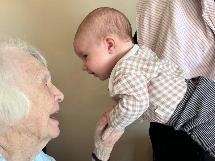 Winnifred Hunter, 101, meeting Winnie June Rasenberg, 12 weeks. Hunter was raised on a farm to Springville in Cavan Monaghan Township before becoming a chemist and working in labs across the country. She was living in Texas before returning to Peterborough and moving into Kawartha Heights Retirement Living in 2018. She moved into Fairhaven Long-Term Care Home after recovering from a COVID-19 infection that put her in the hospital in October.  (Photo courtesy of Megan Doughty)