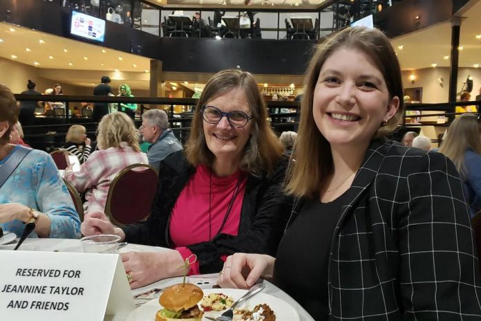 Almost 200 guests, including Hermione Rivison and Rose Terry, attended the YWCA Peterborough Haliburton's Empty Bowls event at The Venue in downtown Peterborough on February 23, 2024. Returning as an in-person seated lunch for the first time since the pandemic, the event raised almost $20,000 for the YWCA's Nourish Food program to alleviate food insecurity. (Photo: Jeannine Taylor / kawarthaNOW)