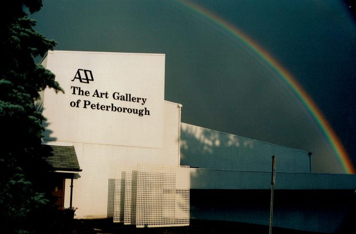 The Art Gallery of Peterborough building with its original logo, which the gallery will be resurrecting as part of its 50th anniversary celebrations. Pictured in front of the building is Peter Kolisnyk's "Three Part Groundscreen" (1986, punched steel plate and epoxy resin), which the gallery purchased as part of a 1986 national outdoor sculpture exhibition. (Photo: Robert S. Hood)