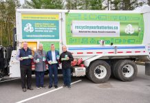 Call2Recycle president Joe Zenobio (third from left) with Peterborough city councillors Gary Baldwin, Joy Lachica, and Kevin Duguay on October 17, 2023 at the launch of an awareness campaign to encourage Peterborough residents to recycle their used batteries. As part of the awareness campaign and coinciding with changes to the city's waste management program, residents received boxes they can use to collect their used batteries for recycling. (Photo: Call2Recyle)