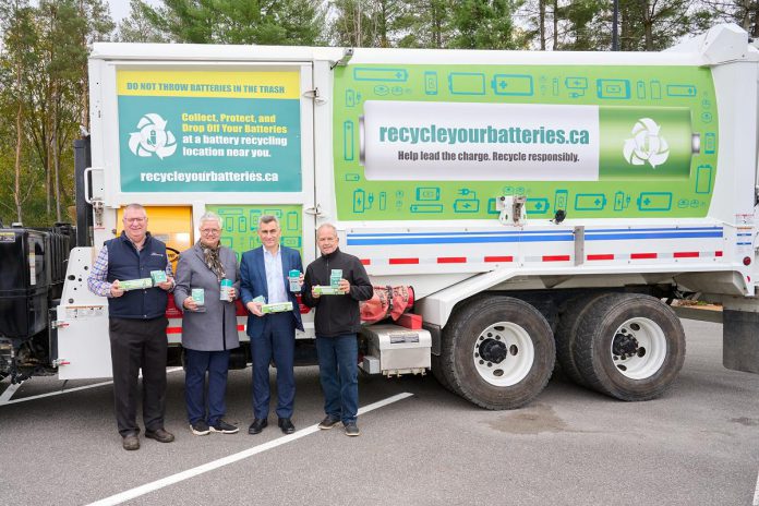 Call2Recycle president Joe Zenobio (third from left) with Peterborough city councillors Gary Baldwin, Joy Lachica, and Kevin Duguay on October 17, 2023 at the launch of an awareness campaign to encourage Peterborough residents to recycle their used batteries. As part of the awareness campaign and coinciding with changes to the city's waste management program, residents received boxes they can use to collect their used batteries for recycling. (Photo: Call2Recyle)