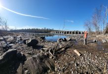 Low water levels at Burleigh Falls between Lovesick Lake and Stoney Lake in March 2024. While water levels in the northern reservoir lakes that feed the Trent-Severn Waterway system are higher than they would normally be at this time of year, there is a lack of additional water to store in the lakes due to early snowmelt and below-average precipitation, which could result in lower water levels this summer if there is not significant precipitation. (Photo: Burleigh Falls Inn / Facebook)