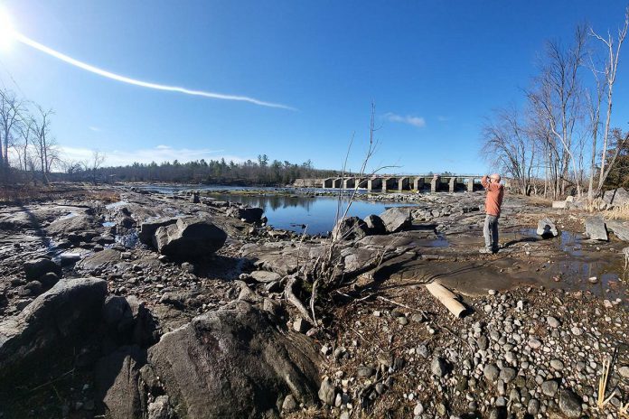 Low water levels at Burleigh Falls between Lovesick Lake and Stoney Lake in March 2024. While water levels in the northern reservoir lakes that feed the Trent-Severn Waterway system are higher than they would normally be at this time of year, there is a lack of additional water to store in the lakes due to early snowmelt and below-average precipitation, which could result in lower water levels this summer if there is not significant precipitation. (Photo: Burleigh Falls Inn / Facebook)