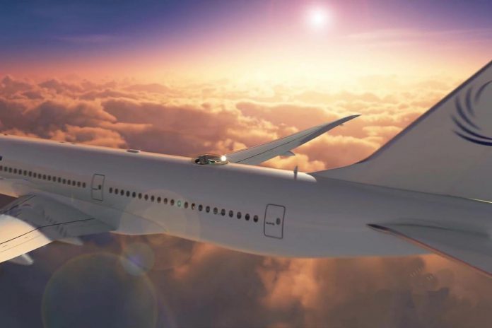 A rendering of Shadowchaser, a private commercial jet that includes a bubble canopy on top of the aircraft where passengers can enjoy an unobstructed view of totality for 23 minutes and 51 seconds. (Graphic: Windspeed Technologies)