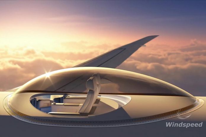 Developed by U.S. aerospace technology company Windspeed, the bubble canopy is made of advanced transparent materials and has rotating seats with 360-degree views. (Graphic: Windspeed Technologies)