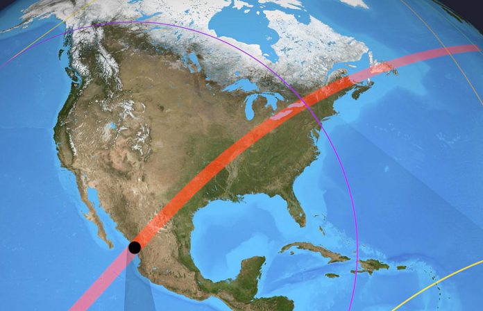 Shadowchaser will begin following the moon's shadow along the path of totality on April 8, 2024 in Mexico and will remain in the air for around 30 minutes. (Graphic: NASA)