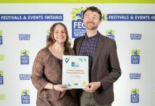 Tweed & Company Theatre general manager Emily Mewett and artistic director Tim Porter with their Top 100 Festival or Event award from Festivals and Events Ontario in Niagara Falls, Ontario on February 28, 2024 in recognition of the theatre company's 2023 season. Based in Hastings County, Tweed & Company Theatre owns and operates the Marble Arts Centre in Tweed and The Village Playhouse in Bancroft. (Photo: Festivals and Events Ontario)