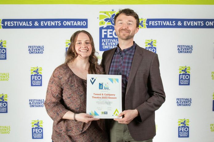 Tweed & Company Theatre general manager Emily Mewett and artistic director Tim Porter with their Top 100 Festival or Event award from Festivals and Events Ontario in Niagara Falls, Ontario on February 28, 2024 in recognition of the theatre company's 2023 season. Based in Hastings County, Tweed & Company Theatre owns and operates the Marble Arts Centre in Tweed and The Village Playhouse in Bancroft. (Photo: Festivals and Events Ontario)