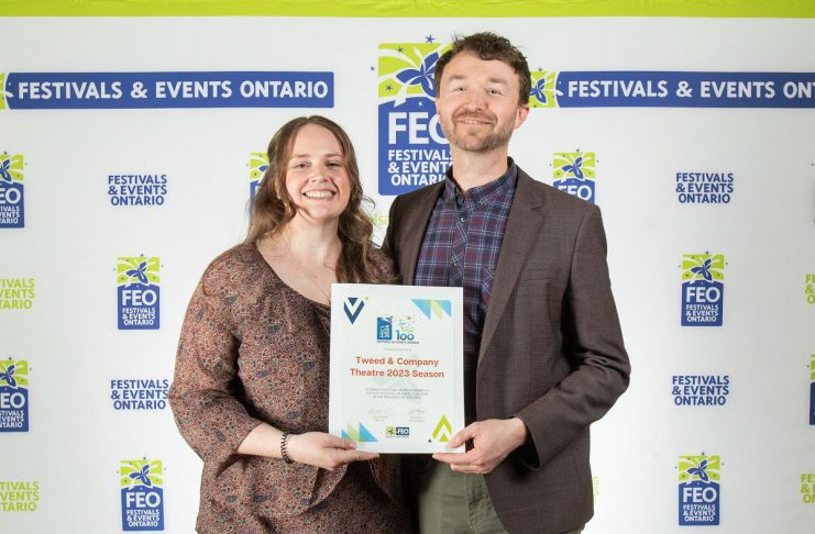 Tweed & Company Theatre general manager Emily Mewett and artistic director Tim Porter with their Top 100 Festival or Event award from Festivals and Events Ontario in Niagara Falls, Ontario on February 28, 2024 in recognition of the theatre company's 2023 season. Based in Hastings County, Tweed & Company Theatre owns and operates the Marble Arts Centre in Tweed and The Village Playhouse in Bancroft. (Photo: Festivals and Events Ontario)