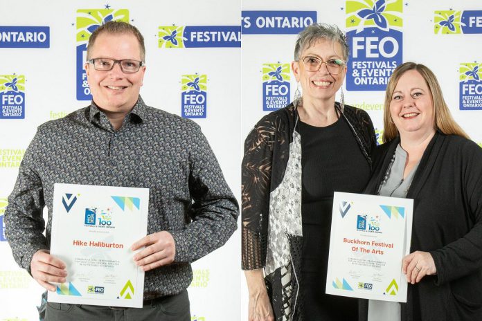 Representatives from Hike Haliburton Festival and Buckhorn Festival of the Arts with their Top 100 Festival or Event award from Festivals and Events Ontario in Niagara Falls, Ontario on February 28, 2024. (Photos: Festivals and Events Ontario)