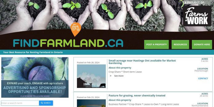 The findfarmland.ca website is a project of Farms at Work, a Peterborough-based non-profit organization promoting healthy and active farmland in east central Ontario through new farmer training and on-farm stewardship. (kawarthaNOW screenshot)