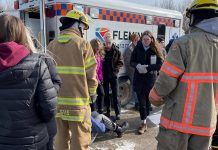 Fleming College paramedic, pre-service firefighter, and pre-health sciences students participating in a past mass-casualty event simulation at the college's Sutherland Campus in Peterborough. (Photo: Fleming College)