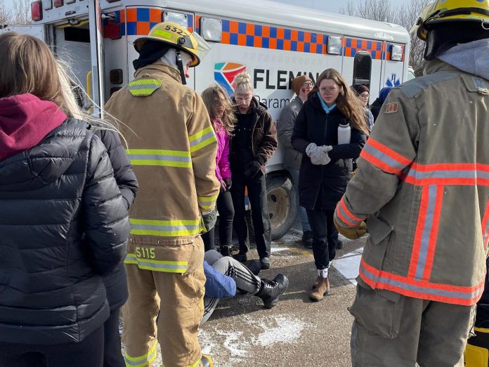 Fleming College paramedic, pre-service firefighter, and pre-health sciences students participating in a past mass-casualty event simulation at the college's Sutherland Campus in Peterborough. (Photo: Fleming College)