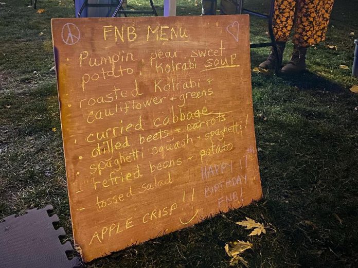 Food Not Bombs Peterborough's free meal menu at Confederation Square across from City Hall on November 14, 2022, which was the 17th anniversary of the group serving free meals. (Photo: Myles Connor / Facebook)