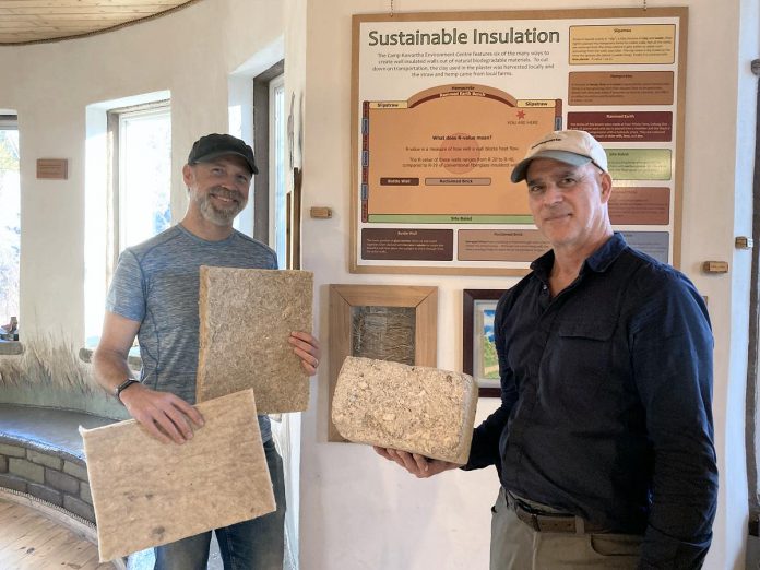 The Camp Kawartha Environment Centre in Peterborough showcases many different types of natural building materials. Pictured are Environment Centre manager Craig Brant (left) with samples of wool and hemp insulation and Camp Kawartha executive director Jacob Rodenburg with a sample of hempcrete, which is a strong, lightweight, and breathable alternative to concrete. (Photo: Jackie Donaldson)