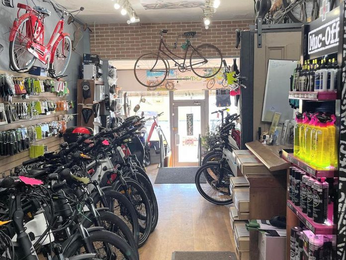Located at 237 George Street in downtown Peterborough, Green Street storefront sells electric bikes and related accessories, and also offers repairs and tune-ups. Green Street is a member of GreenUP's Green Economy Peterborough program. (Photo courtesy of Green Street)
