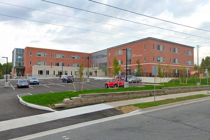 Peterborough's newest school, Kaawaate East City Public School is located at 250 Hunter Street East near the top of Armour Hill and the Peterborough Museum & Archives. It opened in 2021 and serves students from junior kindergarten to Grade 8. (Photo: Google Maps)