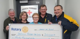 The Rotary Club of Peterborough Kawartha has donated $30,000 to help fund the cost of building a patient bathroom at the Brock Primary Care Clinic in downtown Peterborough, which offers primary medical care for anyone experiencing homelessness. Pictured from left to right are Brock Mission executive director Bill McNabb, Brock Primary Care Clinic co-founders Dr. Janet Kelly and nurse practitioner Lee-Anne Quinn, Kawartha Rotary major projects chair Brian O'Toole, and Kawartha Rotary president elect Dean Ostrander. (Photo courtesy Rotary Club of Peterborough Kawartha)