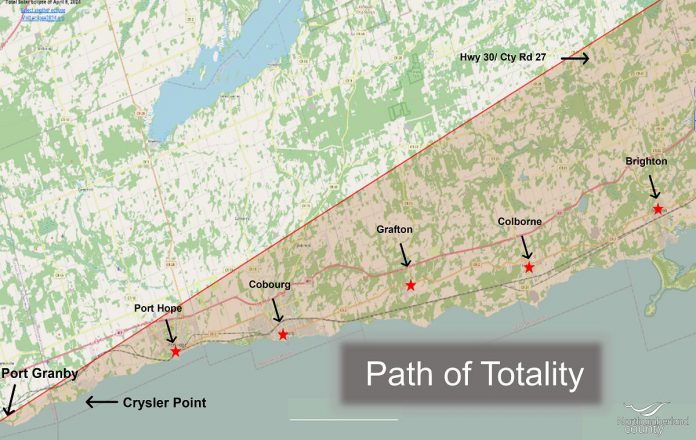 The path of totality of the total solar eclipse on April 8, 2024 extends across southern Northumberland County. The longest duration of totality at just under two minutes will occur in Brighton. (Map: Northumberland County)