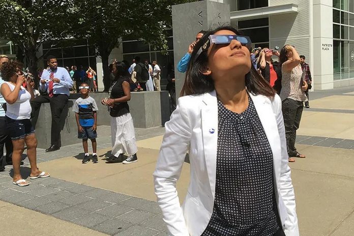 Wear certified eclipse glasses to safely view the sun during the partial eclipse phases of a solar eclipse, before and after totality. The only safe time to look at an eclipse without eye protection is during the brief period of totality. (NASA / Mamta Patel Nagaraja)