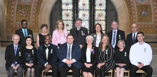The recipients of the Ontario Medal for Good Citizenship for 2021 and 2022, including Hastings resident Carrie Hayward (back row, second from left), with citizenship and multiculturalism minister Michael Ford (front row, fourth from left) and lieutenant governor Edith Dumont (front row, fourth from right) at the Royal Ontario Museum in Toronto on March 25, 2024. (Photo: Office of Michael Ford)