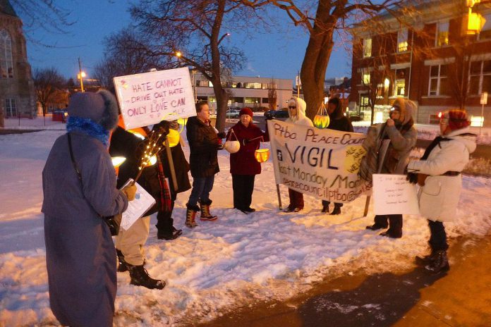 The Peterborough Peace Council's monthly peace vigil has been held on the last Monday of the month ever since March 30, 2015, regardless of the weather. (Photo: Peterborough Peace Council)
