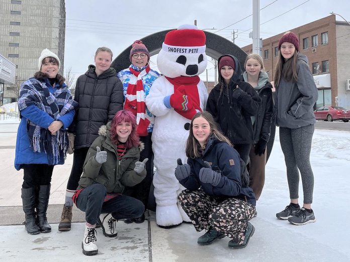 City councillor Lesley Parnell (left) with members of the 2023-24 Peterborough Youth Council who planned a skating party at Quaker Foods City Square on February 17, 2024 during Peterborough Snofest. The youth council works with city staff to organize and become involved in community events. (Photo: City of Peterborough / Facebook)