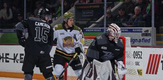 With their 37th loss of the season, the Peterborough Petes were eliminated from playoff contention in a 7-4 loss to the North Bay Battalion in a home game on March 16, 2024. (Photo: Kenneth Anderson Photography)