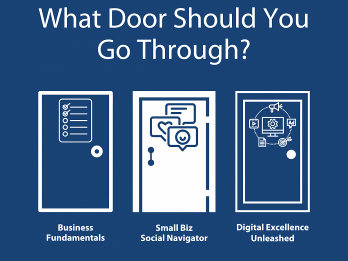 What door should you go through? With three different workshop series covering small business fundamentals, social media management, and digital excellence, Peterborough & the Kawarthas Economic Development is offering a workshop series led by local experts suitable for owners of small businesses at all stages of their business journey. (Graphic: Peterborough & the Kawarthas Economic Development)