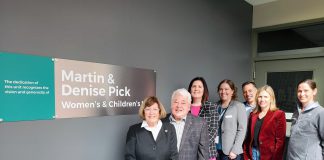 New signage was unveiled at Peterborough Regional Health Centre (PRHC) during a private event on March 26, 2024 to recognize a $1 million donation from local philanthropists Denise and Martin Pick (left and second from left). Also pictured are PRHC Foundation president and CEO Lesley Heighway, PRHC president and CEO Dr. Lynn Mikula, Denise and Martin's son Charles Pick and daughter-in-law Dr. Rardi Van Heest, and PRHC general surgeon Dr. Joslin Cheverie. (Photo courtesy of PRHC Foundation)