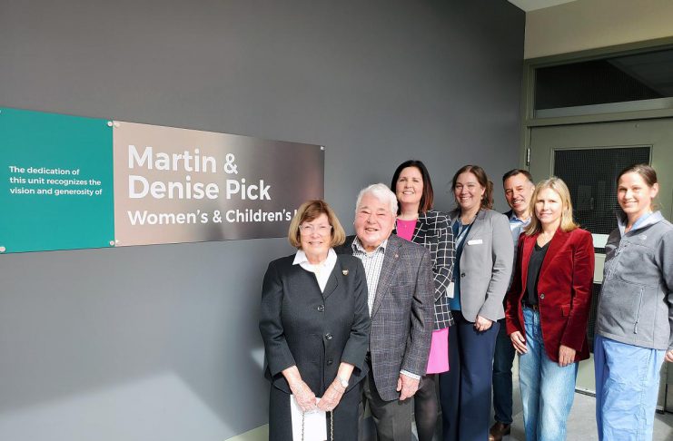 New signage was unveiled at Peterborough Regional Health Centre (PRHC) during a private event on March 26, 2024 to recognize a $1 million donation from local philanthropists Denise and Martin Pick (left and second from left). Also pictured are PRHC Foundation president and CEO Lesley Heighway, PRHC president and CEO Dr. Lynn Mikula, Denise and Martin's son Charles Pick and daughter-in-law Dr. Rardi Van Heest, and PRHC general surgeon Dr. Joslin Cheverie. (Photo courtesy of PRHC Foundation)