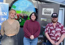 Peterborough 4-H member Ella Doris, Farms at Work manager Emma Macdonald, and farmer and auctioneer Jason McIntosh anticipate an upcoming online auction to benefit the farm communities of Peterborough and the Kawarthas. (Photo courtesy of Farms at Work)