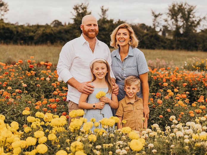 Social media influencer Sasha Harrison with her husband Scott and their two children. In 2020, the family moved to their Omemee property to give Scott the space to grow his diesel repair business, which would fund their ultimate dream of buying out his family's three-generation dairy farm. With everything going into the business and the farm, there was nothing left in their budget to fix up their own home, so Harrison took the project on herself. (Photo: Photography with Care)