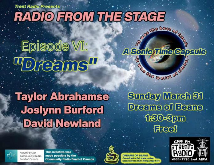 The sixth episode of Trent Radio's "Radio from the Stage" live radio broadcast series takes place on March 31, 2024 at Dreams of Beans in downtown Peterborough and features local musicians Taylor Abrahamse, Joselynn Burford, and David Newland. Audiences can attend the free show in person or listen live at Trent Radio 92.7 FM or online. (Graphic: Trent Radio)