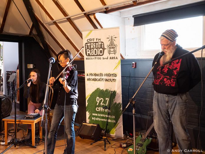 Peterborough musicians Caylie Staples, Victoria Yeh, Neal Retke, and Bennett Bedoukian (not pictured) perform during the fifth episode of Trent Radio's "Radio from the Stage" live radio broadcast series at Sadleir House in Peterborough on February 25, 2024. (Photo: Andy Carroll)